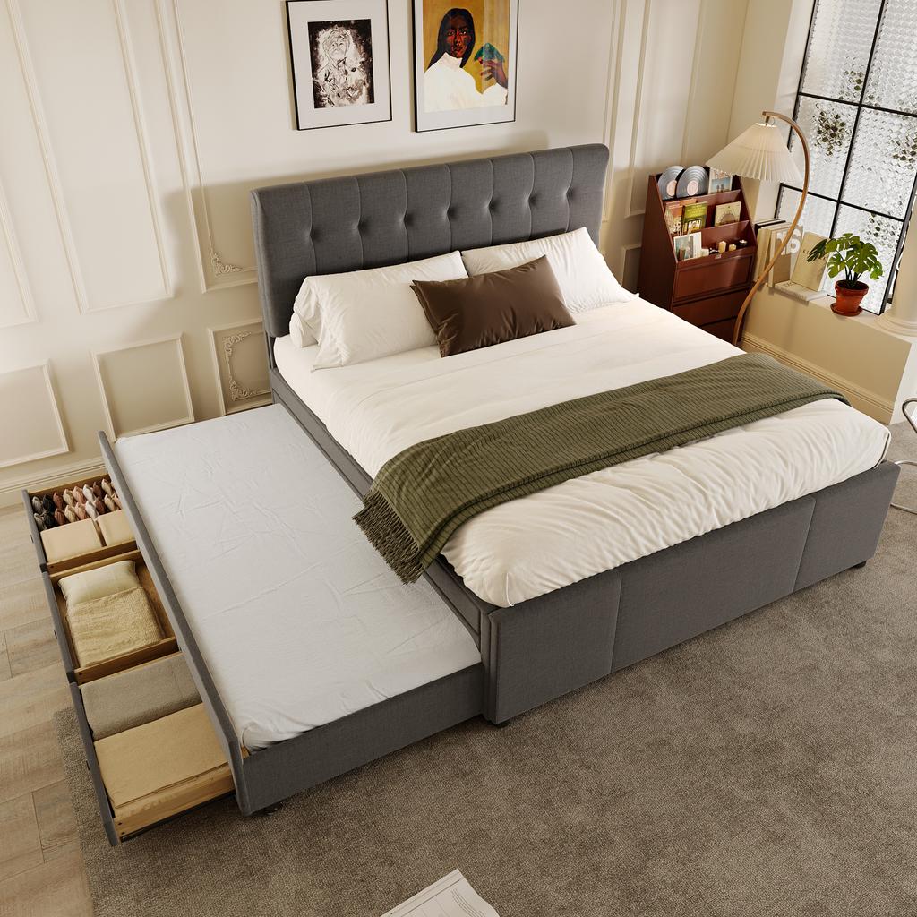 (=WX000502AAE) Upholstered Bed, 140x200cm, Double Bed with Three Drawers, Pull-out Bed, Adjustable Headboard, Without Mattress, Grey