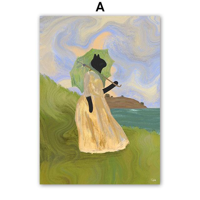 Бохо Абстрактная Девушка Садовые Цветы Кот Иллюстрация Настенное Искусство Холст Живопись Скандинавский Постер и Принты Картины Декор Гостиной