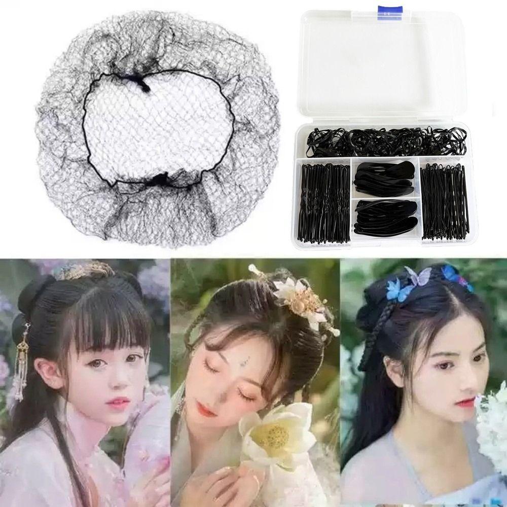 Black Hair Nets Scrunchie Set Curly Wavy Hairstyle Hairpins Kit Bridal Hairstyle Tools Girls Gift