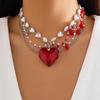 Luxury Multi Layered Red Crystal Peach Heart Pendant Necklace for Women Elegant Imitation Pearl Link Chain Jewelry