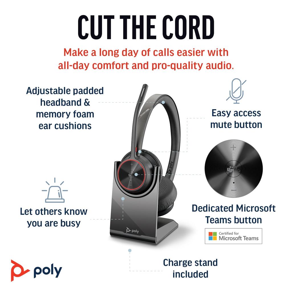 Беспроводная гарнитура Poly Voyager 4320 Сертифицированный Bluetooth-донгл Зарядная подставка Беспроводная для веба Бинауральная 8G110AA (В комплекте Microsoft USB-A,