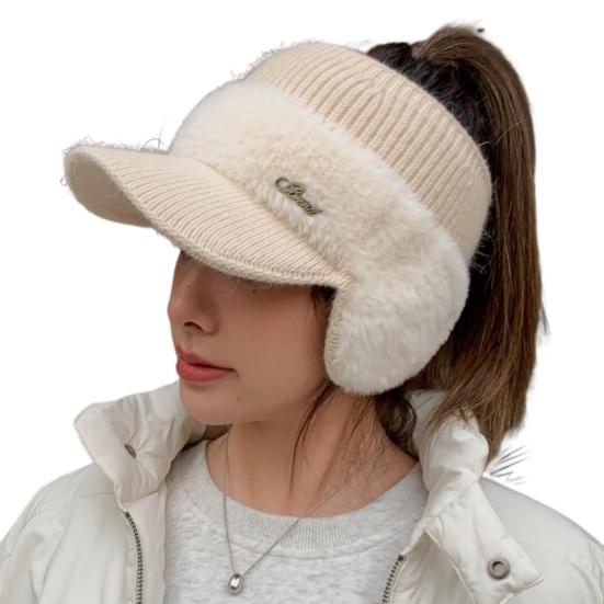 Women Autumn Winter Knitting Baseball Hat Letter Design Earflap Plush Warm Hat Outdoor Sport Windproof Ponytail Hat KTB