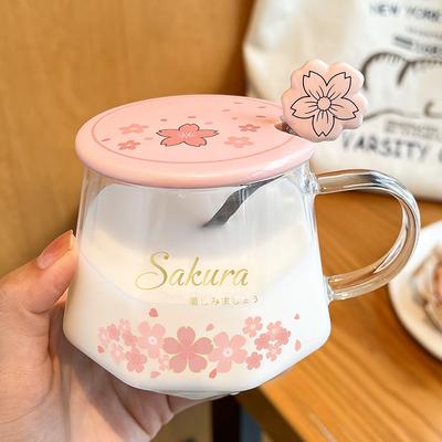 Стеклянная кружка для воды Sakura, термостойкие чайные чашки, стильная кружка, ложка с крышкой, кружки для молока и кофе для дома и офиса, праздничный подарок.