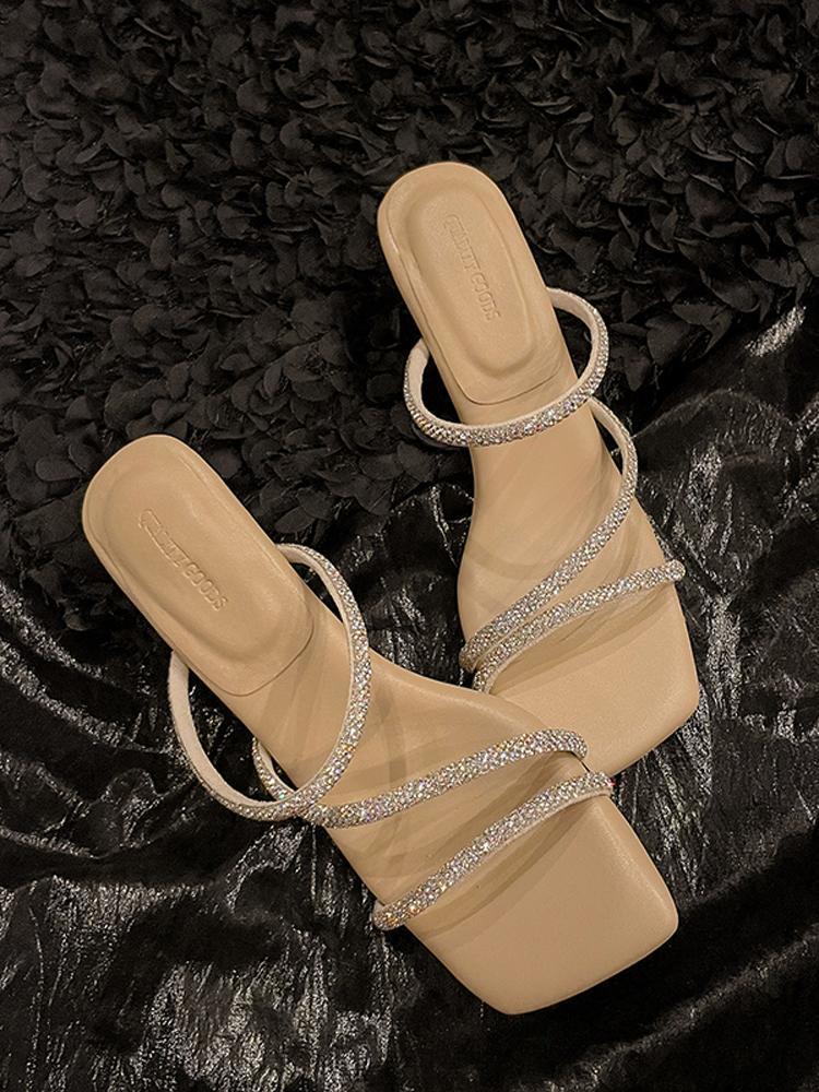 2024 новые летние женские туфли на шпильках с высоким каблуком, французский темперамент, красивые изысканные стразы, слово с крутыми тапочками