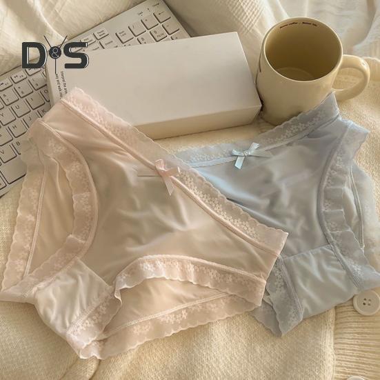 Women Panties Seamless Lace Bow Decor Soft Solid Color Elastic Thin High Waist Quick Drying Breathable Anti Septic Lady Underpants Briefs