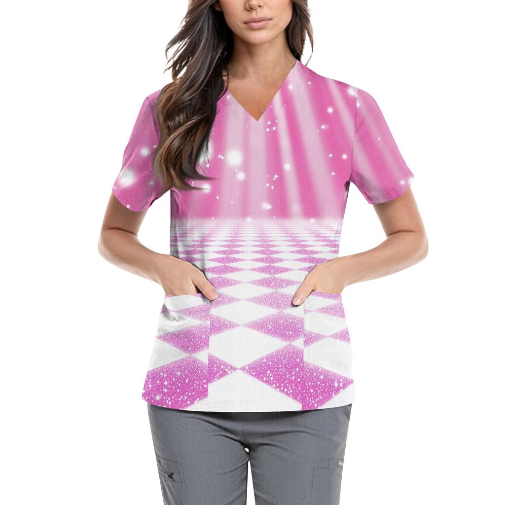 Женская симпатичная принтованная рабочая одежда с V-образным вырезом, двухслойными карманами, базовым коротким рукавом, пуловером ко Дню святого Валентина