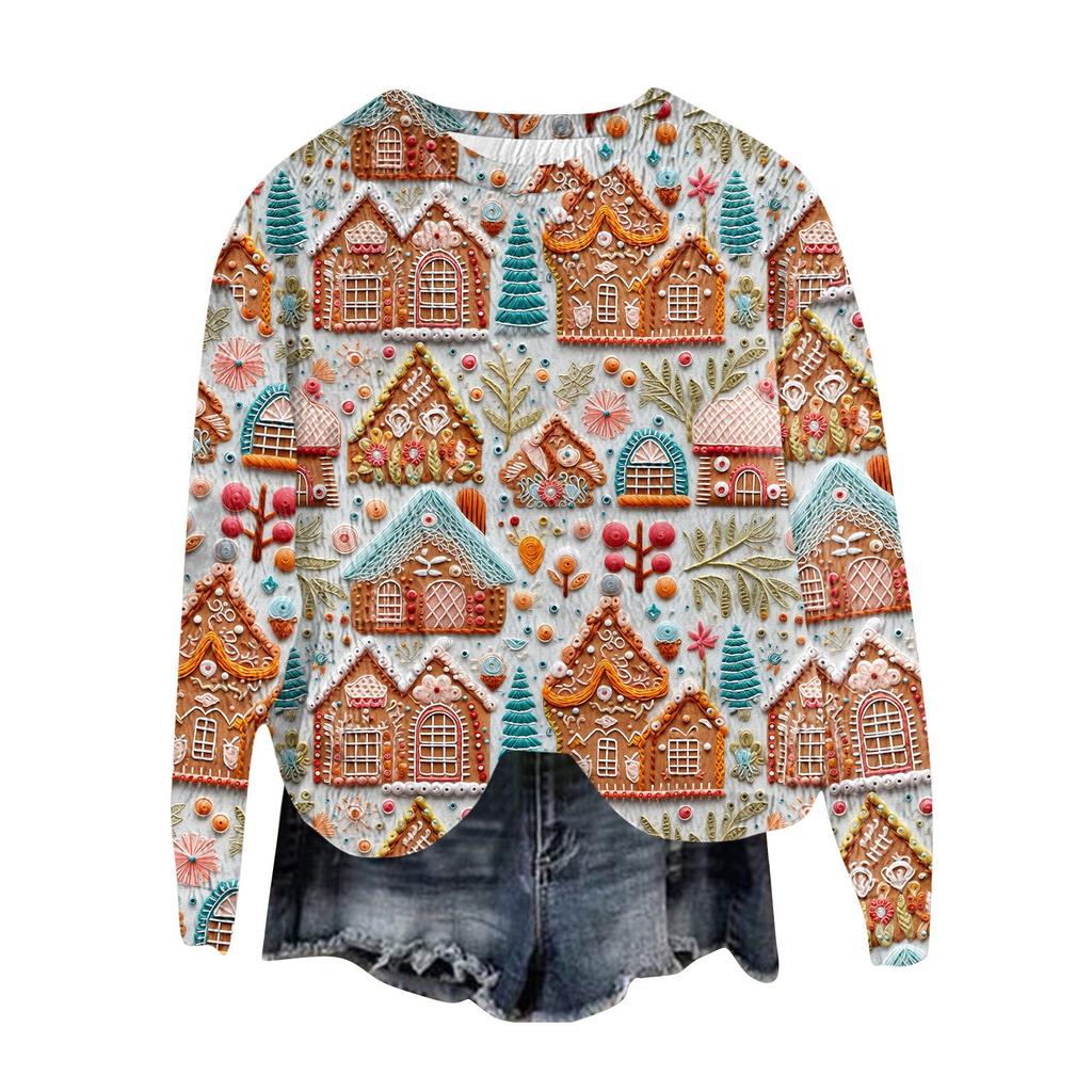 Женский модный пуловер с круглым вырезом, футболка с длинным рукавом, рождественская толстовка с принтом