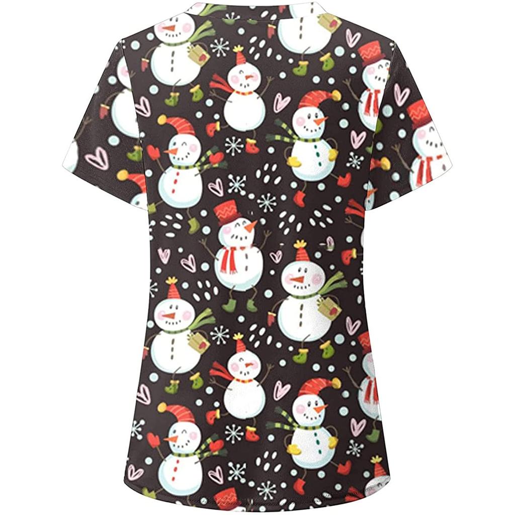 Женские топы с короткими рукавами и v-образным вырезом с рождественским принтом, рабочая форма, карманная блузка