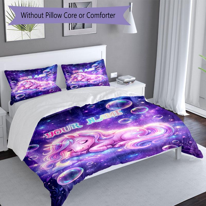 3PC Custom Name Unicorn Dreams Space Bedding Set Duvet Cover Closure Includes 1 Duvet Cover & 2 Pillowcases for Bedroom