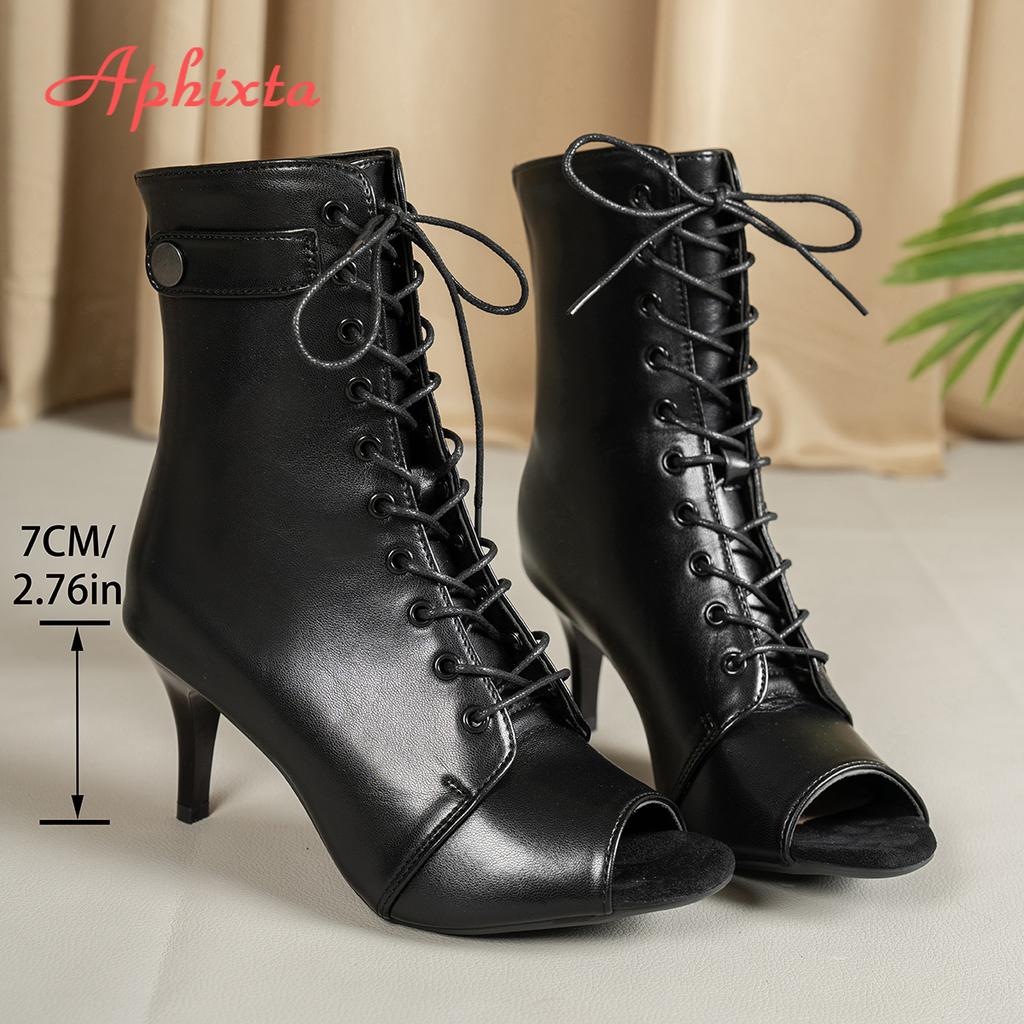 Aphixta Narrow Band Dec Women Peep Toe Ankle Boots 7cm High Heels Sexy Woman Shoes Lace Up Back Zipper Sandals Boot Ladies Shoes