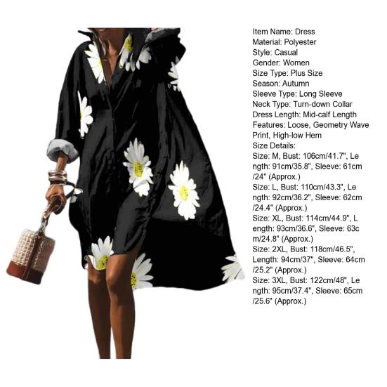 Turn-down Collar Long Sleeve High-Low Hem Holiday Dress Geometry Wave Print Oversized Shirt