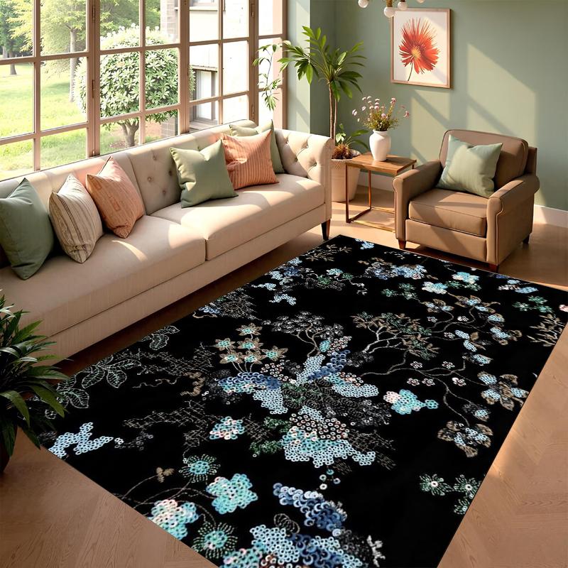 Artistic Floral Rug Black Base Blue & Green Print Non-slip Washable Durable Floor Mat for Living Room Bedroom Decor