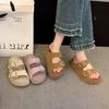 Platform-soled Retro Slippers Women's 2025 Summer New Outer Wear Fashionable and Versatile One-word Drag Boken Beach Vacation Sandals