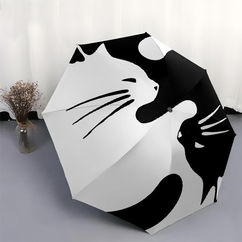 Yin Yang Cat, Cute Simple Black and White Cat Automatic folding umbrella simple eight rib design, bright color pattern, durable iron frame,