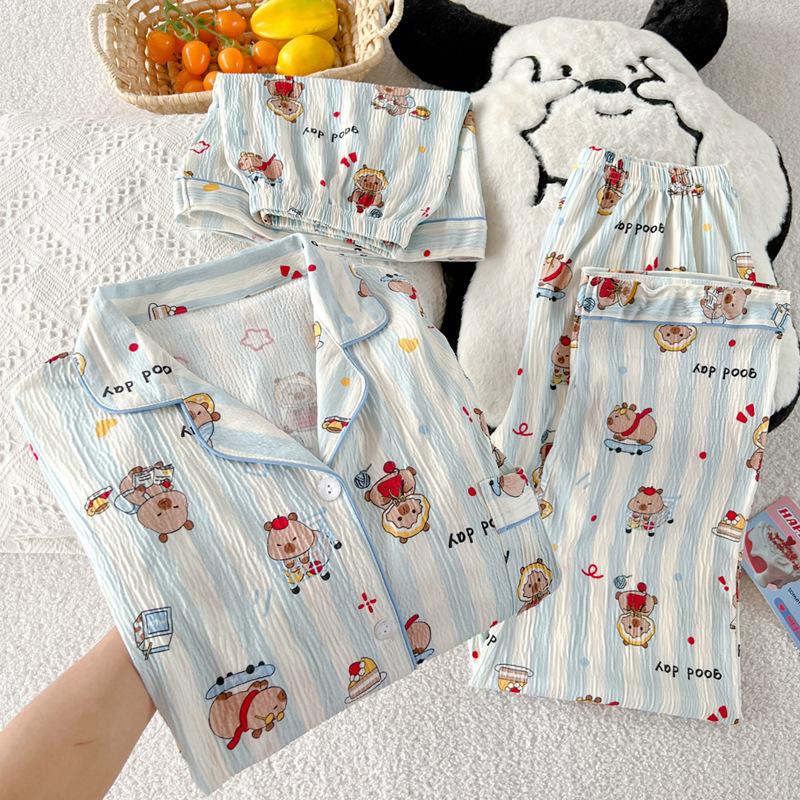High-Value Kapibara Small Fresh Striped Wrinkled Cloth Pajamas Women'S Short-Sleeved Three-Piece Loungewear