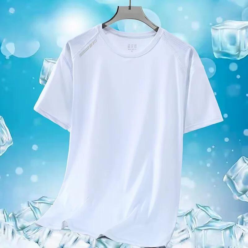 Plus Size Summer Men's Round Neck Ice Silk T-shirt Outdoor Sports and Leisure Quick Drying Short Sleeved Solid Color T-shirt
