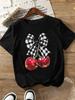 Black and White Checkered Bow Cherry Print T-shirt Summer Women's Top Short Sleeved Round Neck Casual Fashion Women's Clothing