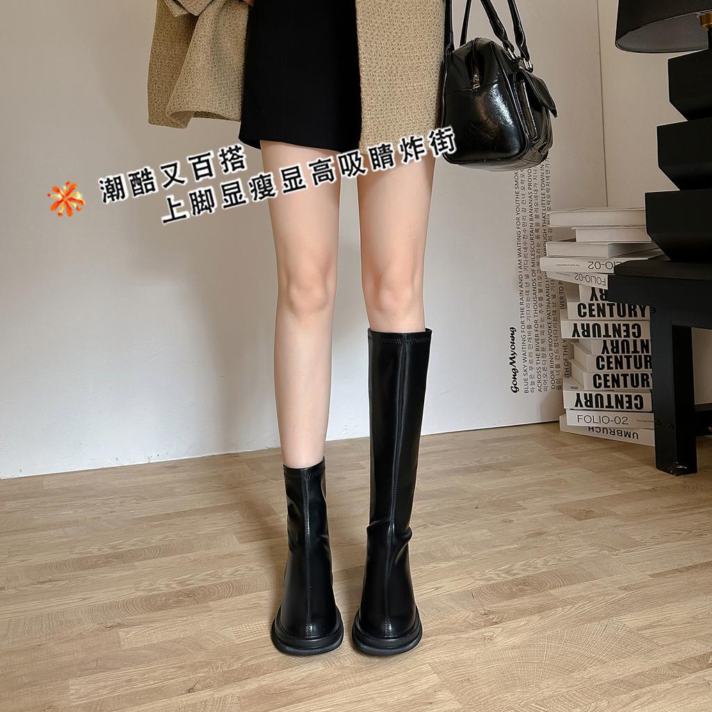 Cowhide Version~ Leather Thick-soled High Knight Boots, Small Man But Knee Boots, Fat Mm Long Boots, Elastic and Thin Boots