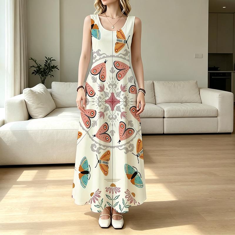 Women's A-Line Maxi Dress,Summer Loose Sleeveless Lightweight Dress with Colorful Butterfly Print,Versatile for Daily Casual & Summer Outings