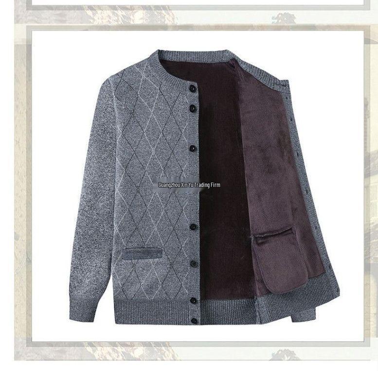 Men's Plus Velvet Knit Cardigan: Warm, Thick Sweater for Middle-aged and Elderly, Perfect for Autumn and Winter