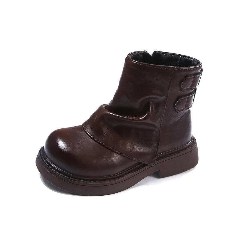 2024 Детские модные ботинки для девочек Зимняя новая мода Британский стиль Мягкая подошва Нескользящие Универсальные Трендовые кожаные туфли