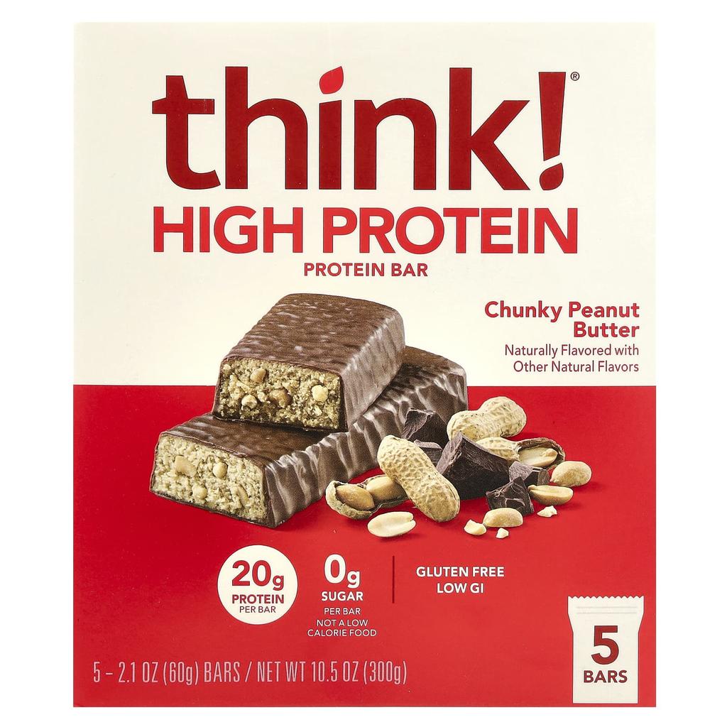 Think!, High Protein Bars, Chunky Peanut Butter, 5 Protein Bars, 60G (2.1Oz) Each