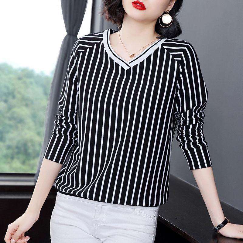 Autumn Winter New Slim Long Sleeve Top V-Neck Striped T-shirt Women's Loose Versatile Bottoming Shirt M-5XL