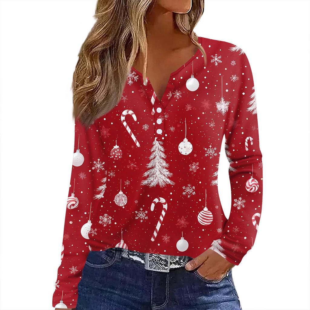 Женская футболка с рождественским принтом на пуговицах с длинным рукавом, повседневная, выходного дня, модная, базовая, с V-образным вырезом, обычная