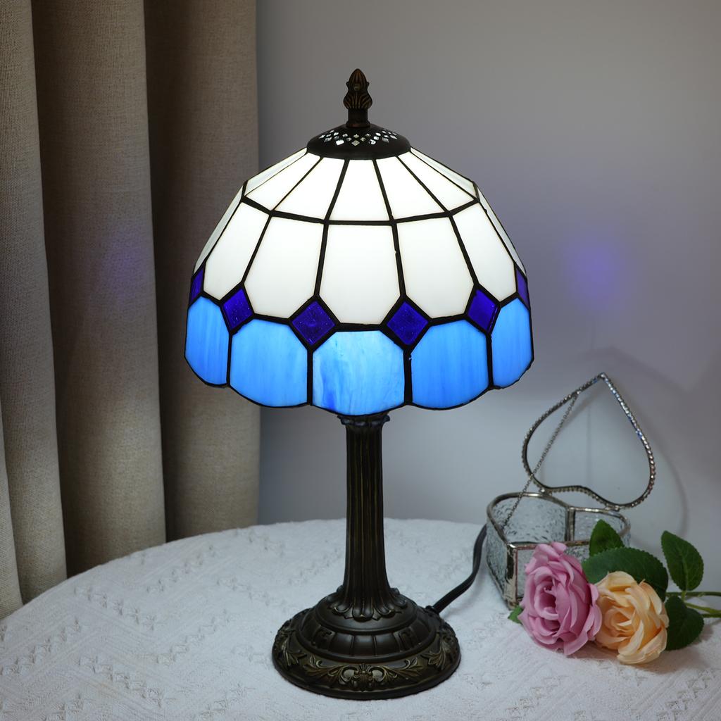 8 Inch Sea Blue Mediterranean Tiffany Style Stained Glass Small Table Lamp Lampshade Table Lamp Desktop Led Light