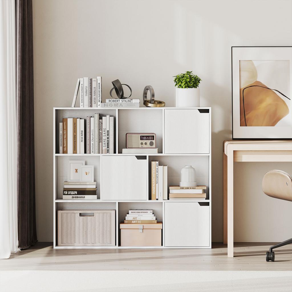 Bookcase storage shelf 9 cubes with 3 doors and 6 open compartments, 106 x 24 x 95 cm, white