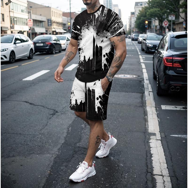Летняя линия сращивания 3D принт футболки шорты комплекты мужские спортивные костюмы свободный короткий рукав футболка брюки комплект мужские костюмы одежда