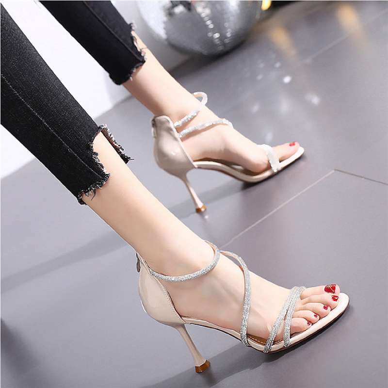 2025 новые босоножки на высоком каблуке женские летние модные универсальные с задней молнией стразы с открытым носком римские сандалии женские шпильки