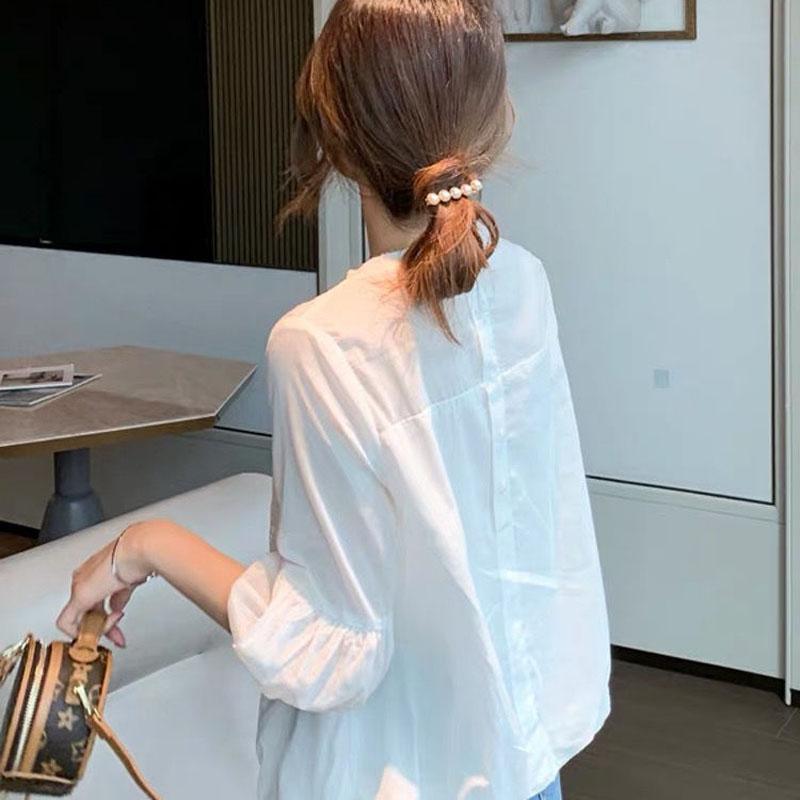 Корейская мода Кружевная вставка Круглый вырез Белые пуловеры Блузки Летняя повседневная женская одежда Рукав-фонарик Свободная Универсальная рубашка