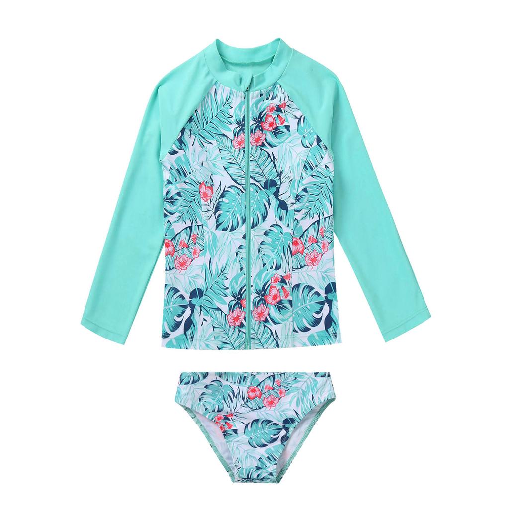 3pcs Kids Girls Swimsuit Sun Protection Rash Guard Shirt Bathing Suit Long Sleeves Coat with Vest Top and Briefs