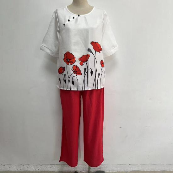 Летний топ, брючный костюм, стильная широкая дышащая футболка, брючный комплект, футболка с цветочным принтом, комплект брюк, летний топ, брючный костюм, женская одежда