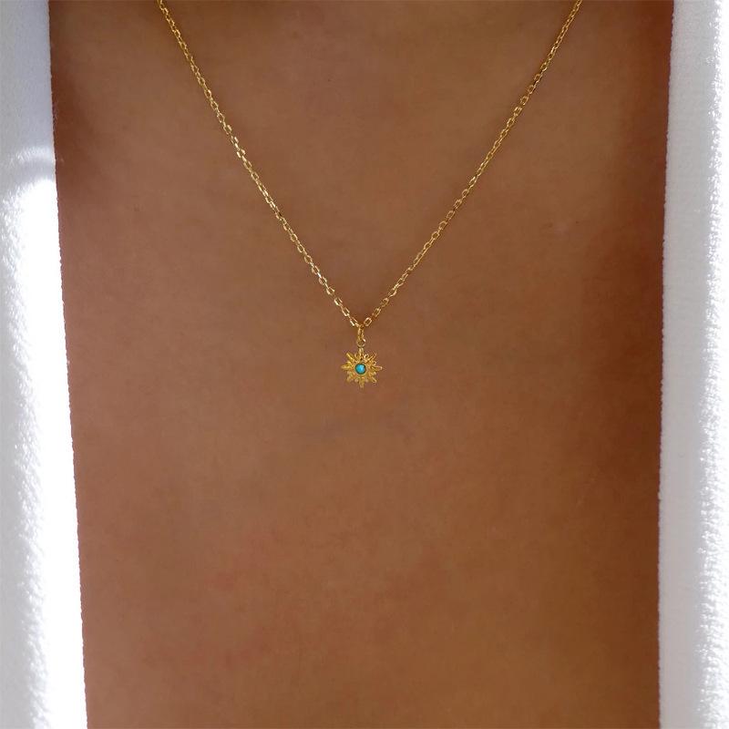 Titanium Steel Blue Turquoise Star Pendant Necklace - Retro Style, Non-Fading, European & American Design