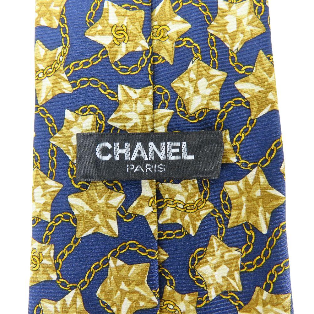 Used CHANEL tie COCO Mark Star Chain silk Navy gold suit