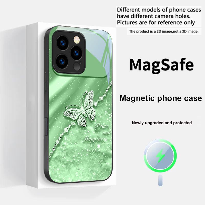 Элегантная синяя бабочка Для iPhone 17 Pro Max 16 E 15 14 13 Plus 12 mini 11 17 Air XR Xs Max 7 Plus Magsafe Стеклянный Чехол для Телефона