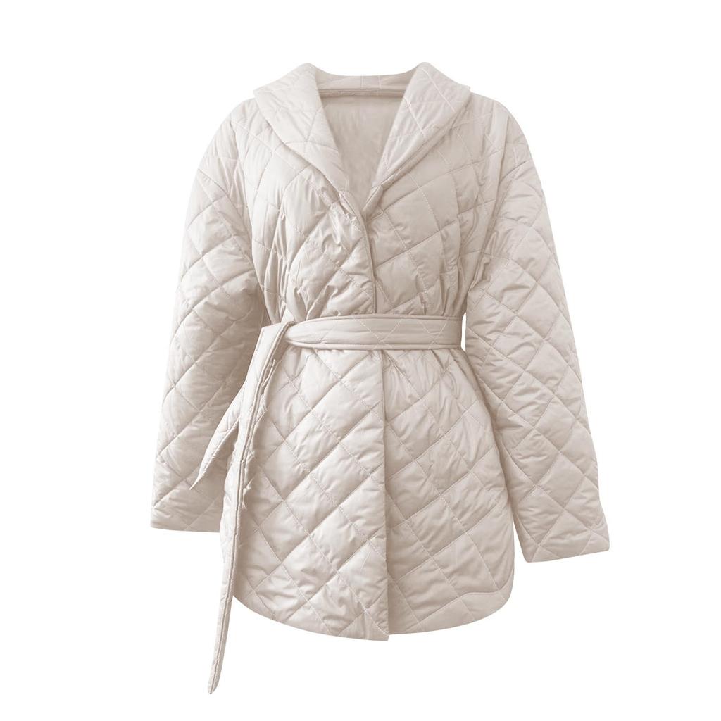 Women's Long Sleeve Rhombus Solid Color Thickened Button Cotton Outerwear Coat  Jacket