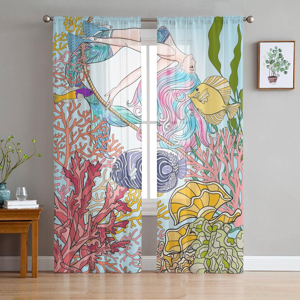Mermaid Scales Ocean Rainbow Chiffon Sheer Curtains for Living Room Bedroom Home Decoration Window Voiles Tulle Curtain