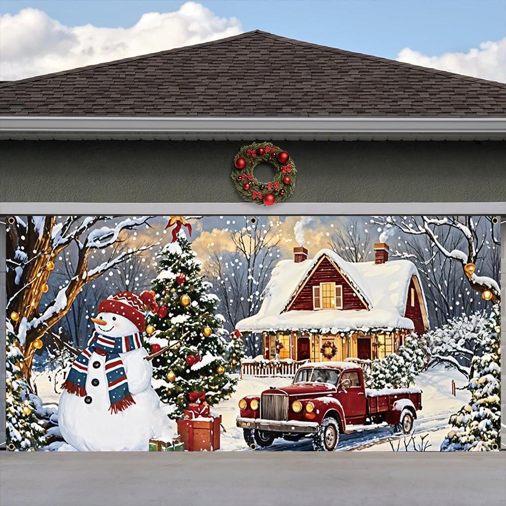 Large Christmas garage door banner - retro snowman and red pickup truck design suitable for winter holiday decoration