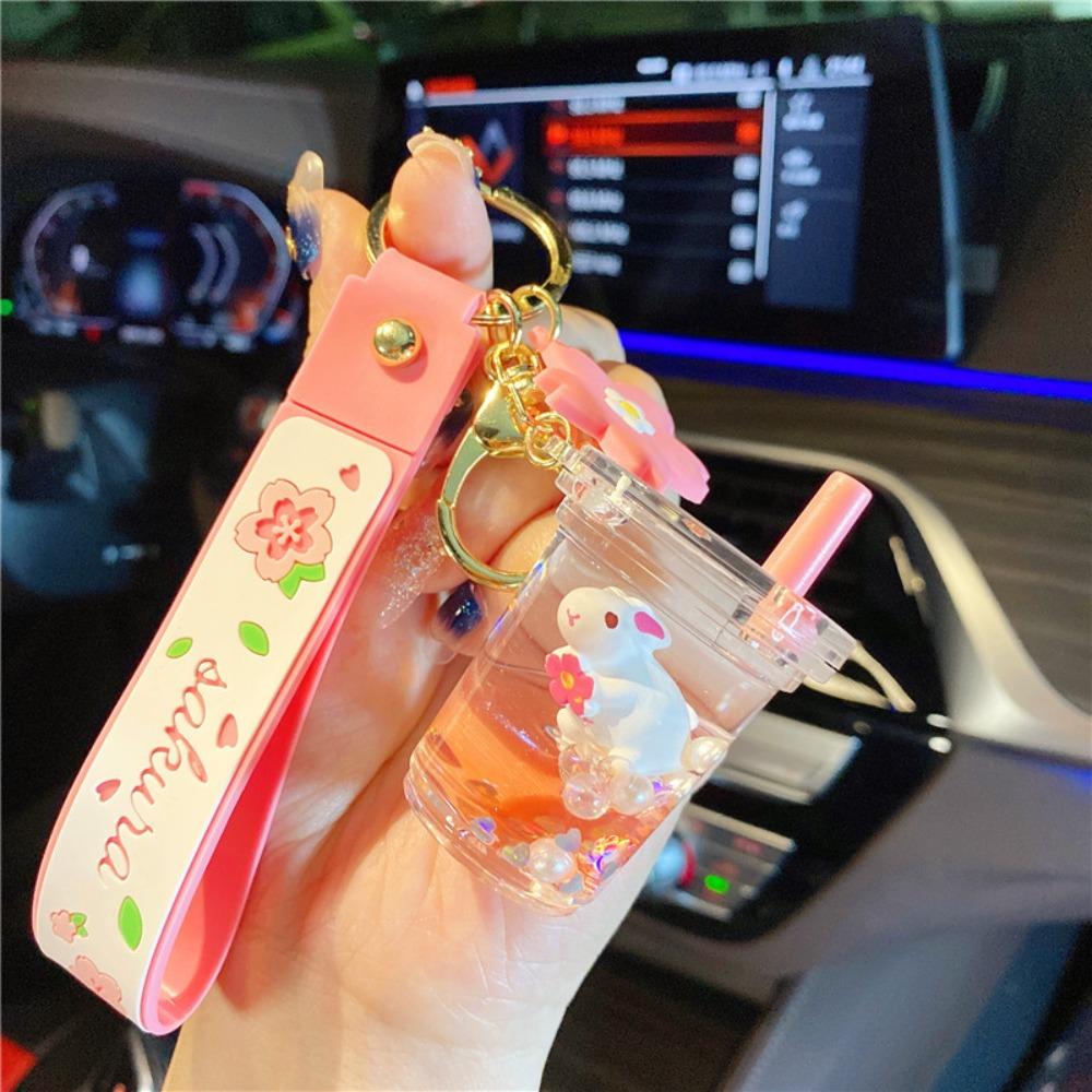 Подвеска-брелок в виде бутылки с жидким песком, брелок в виде кролика и чашки молочного чая боба, кольцо для ключей