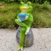 Animal Design Statuary Green Sitting Frog Drinking Coffee Stone Garden Statue for Home Decor