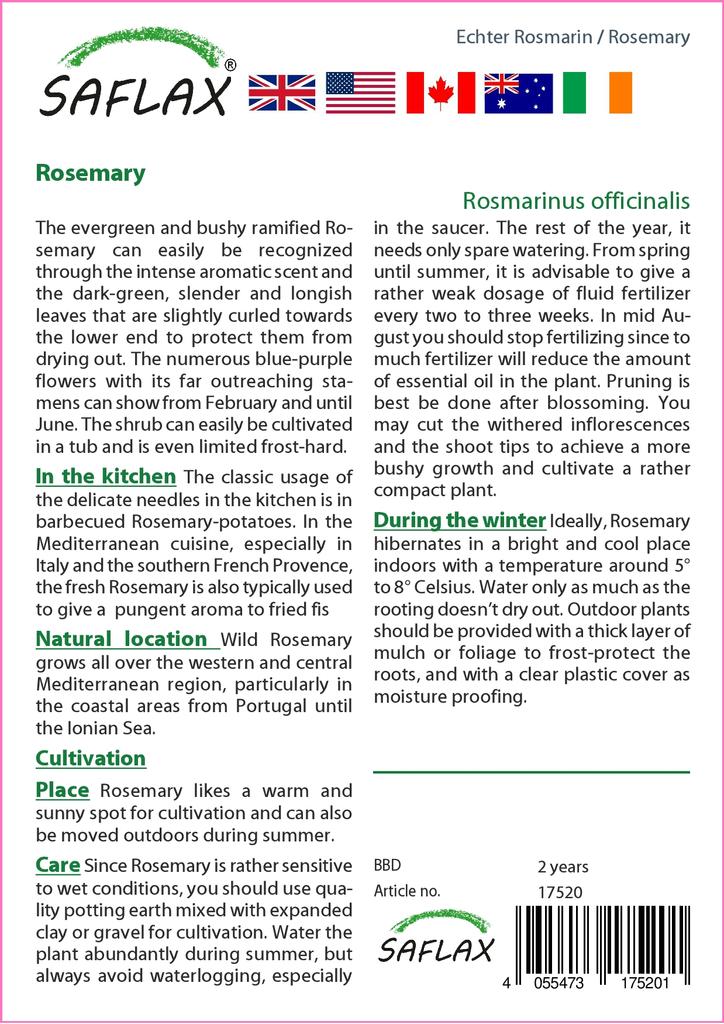SAFLAX Garden in the Bag - Розмарин - 100 семян - С субстратом в подходящем пакете-стойке - Rosmarinus officinalis