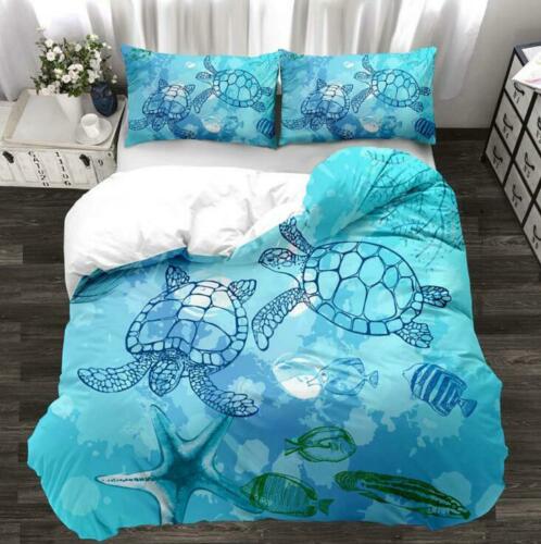 Sea Turtle Bedding Ocean Duvet Cover Set Teal Mediterranean Style Marine Theme Design Ocean Bedding Sets Queen King Twin Size