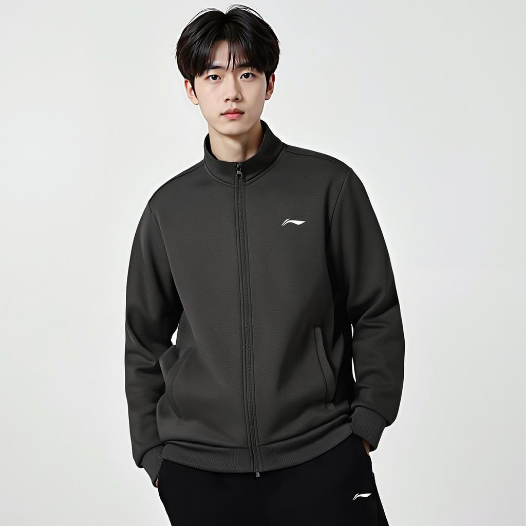 Li Ning Sweatshirts Unisex Obsidian Gray Crew Neck Moderate Cardigan AWDVG71-3