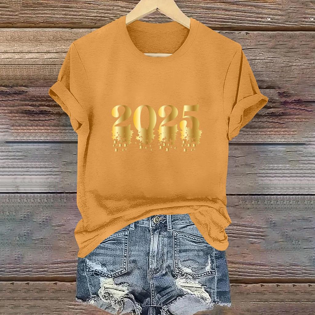 Ladies Casual 2025 New Year Printed Round Neck Short Sleeve T-Shirt Top