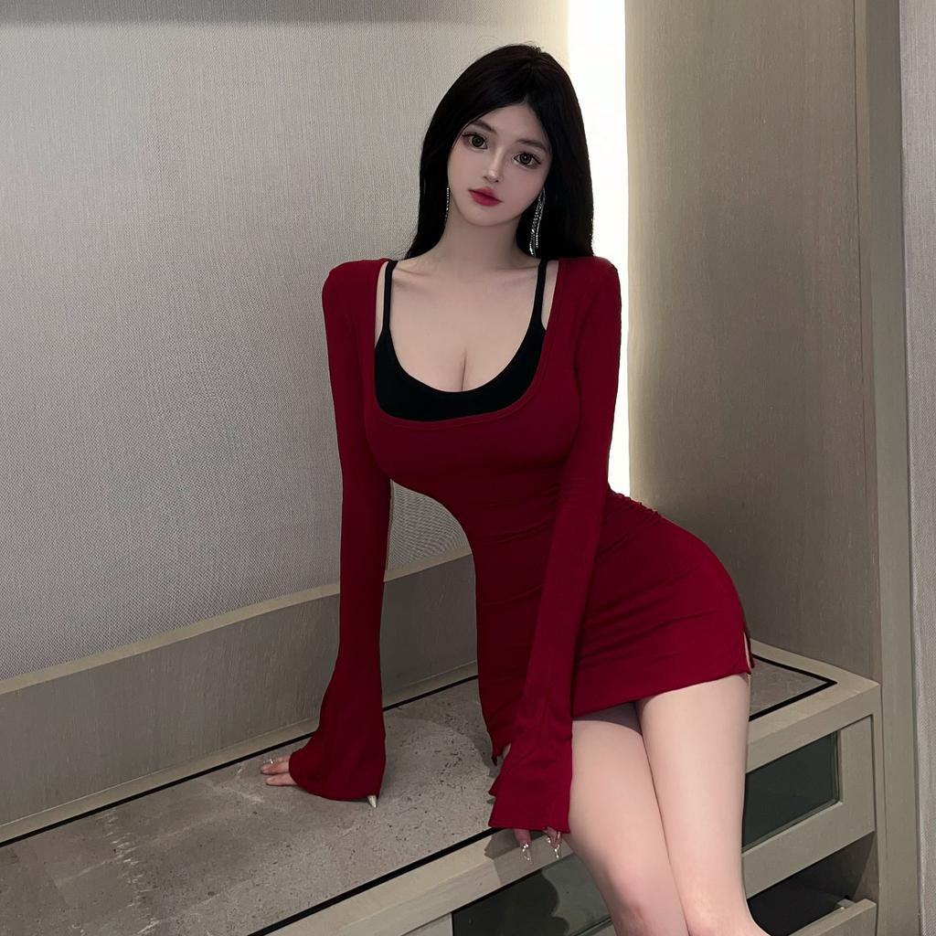 Красное платье-футболка с длинным рукавом женское весна и осень высококачественное сексуальное темпераментное приталенное облегающее бедра короткая юбка