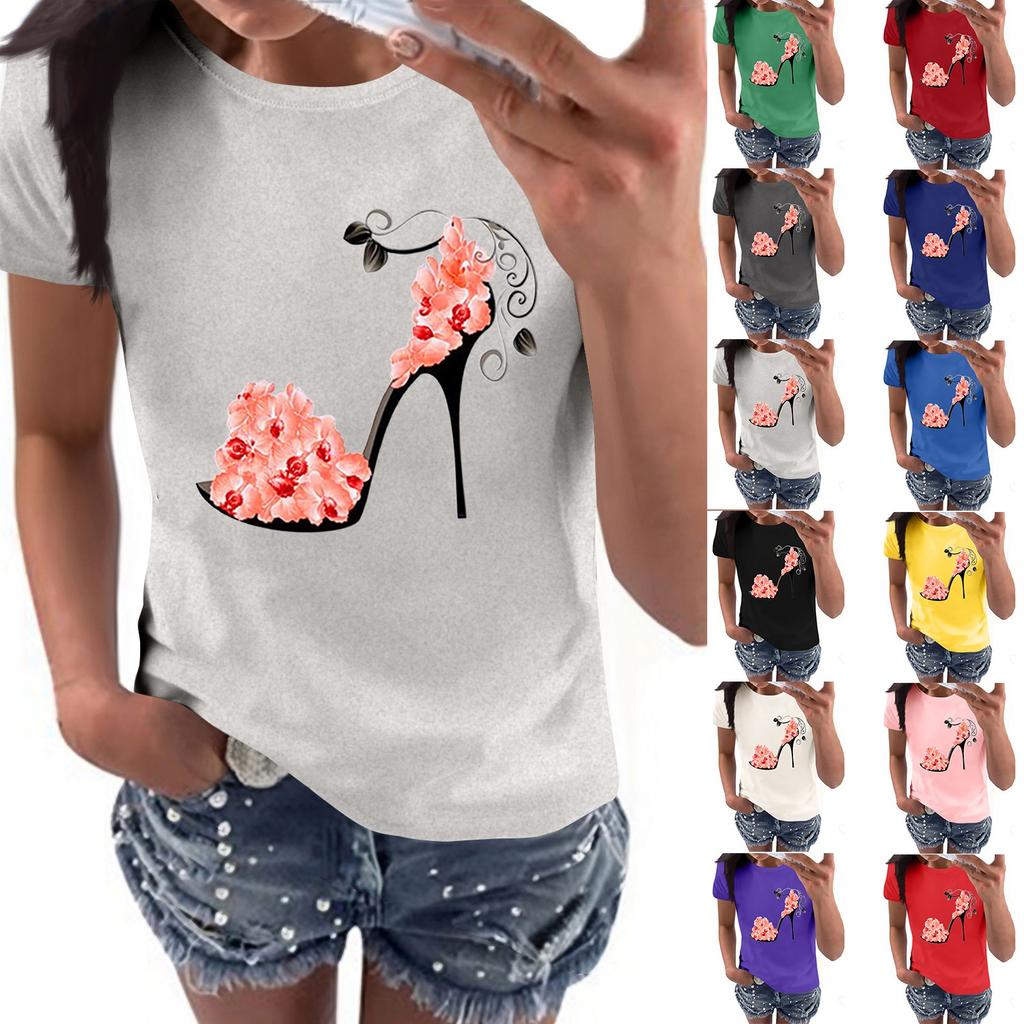 Women's Casual High Heels Floral Print Casual Short-sleeved T-shirt Pullover Round Neck Short-sleeved Top