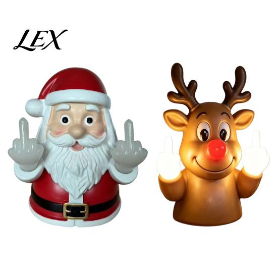 Quirky Porch Lighting Decor Christmas Middle Finger Light, Naughty Santa Claus Reindeer Giving Lamp with LED Decorative Tabletop Night Light